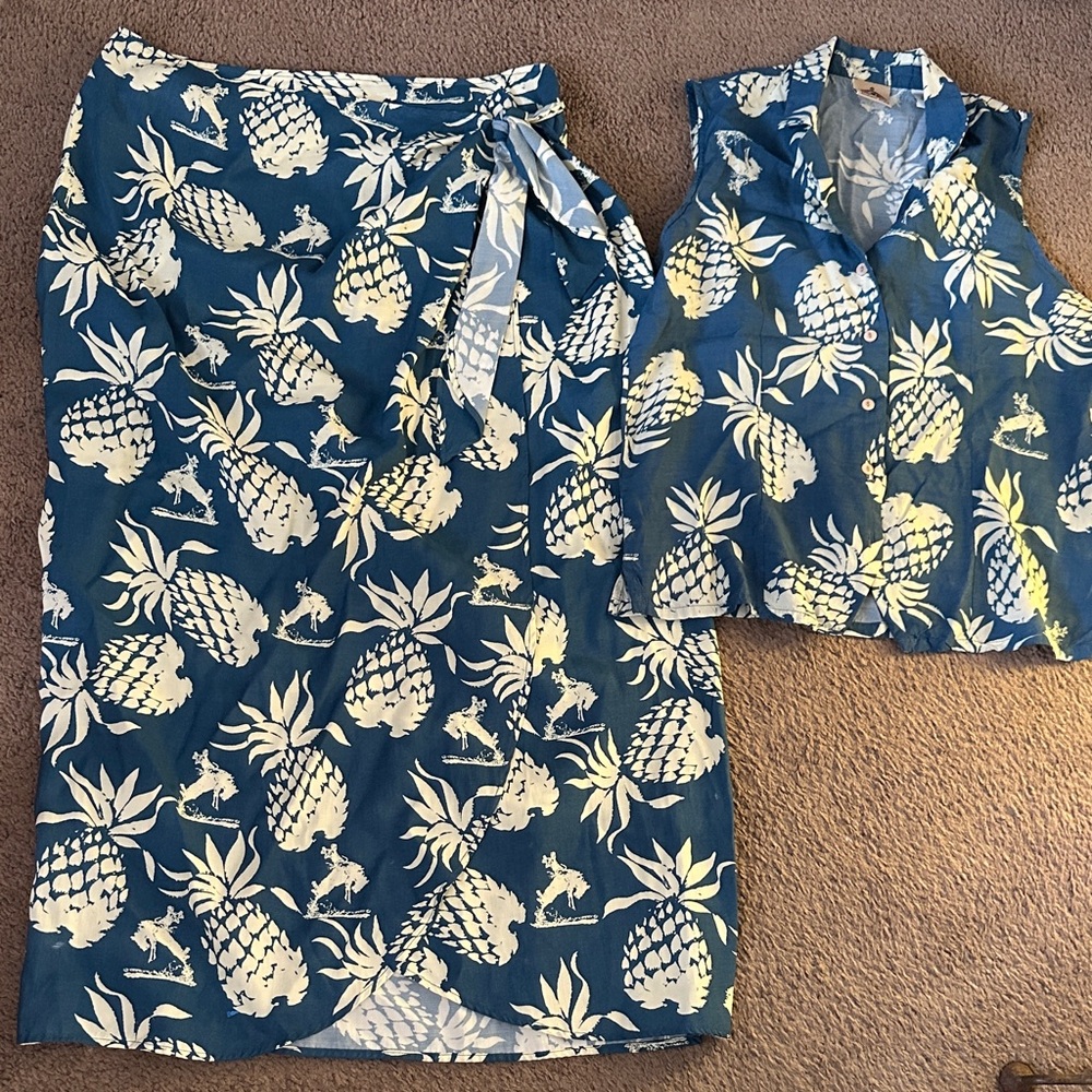 Barn Fly Blue and Cream Pineapple Print Skirt and Top Set